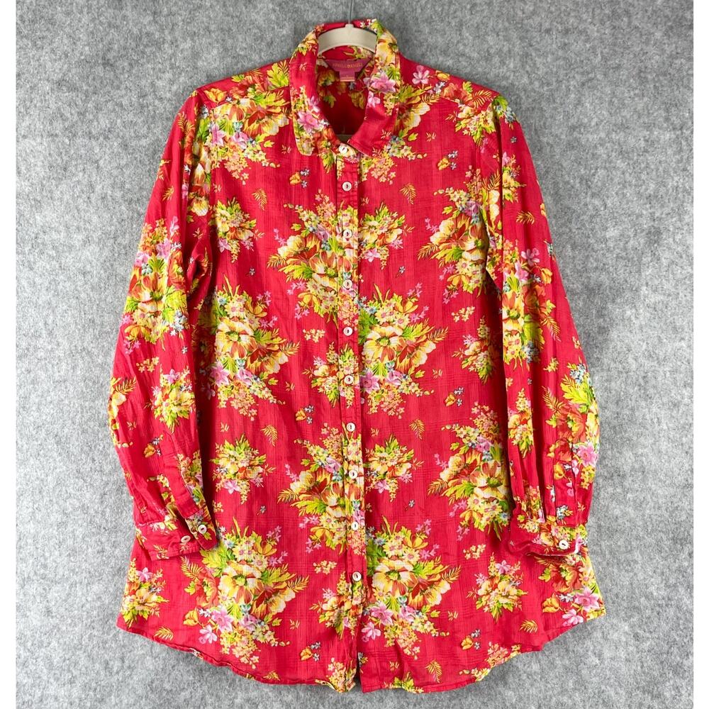 April Cornell Bermuda Tunic Top Womens Large Floral Button Up Coastal Gauzy